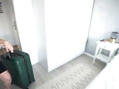 Stepmom and stepson share a bed in a hotel room